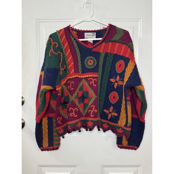 Vintage Chunky Sweater Knit Pompom Mix Print Grandma Core Boho Festive MED READ - Picture 1 of 12